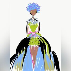 HANDCRAFTED Chic Fashion Illustration with Blue and Green Accents NWT